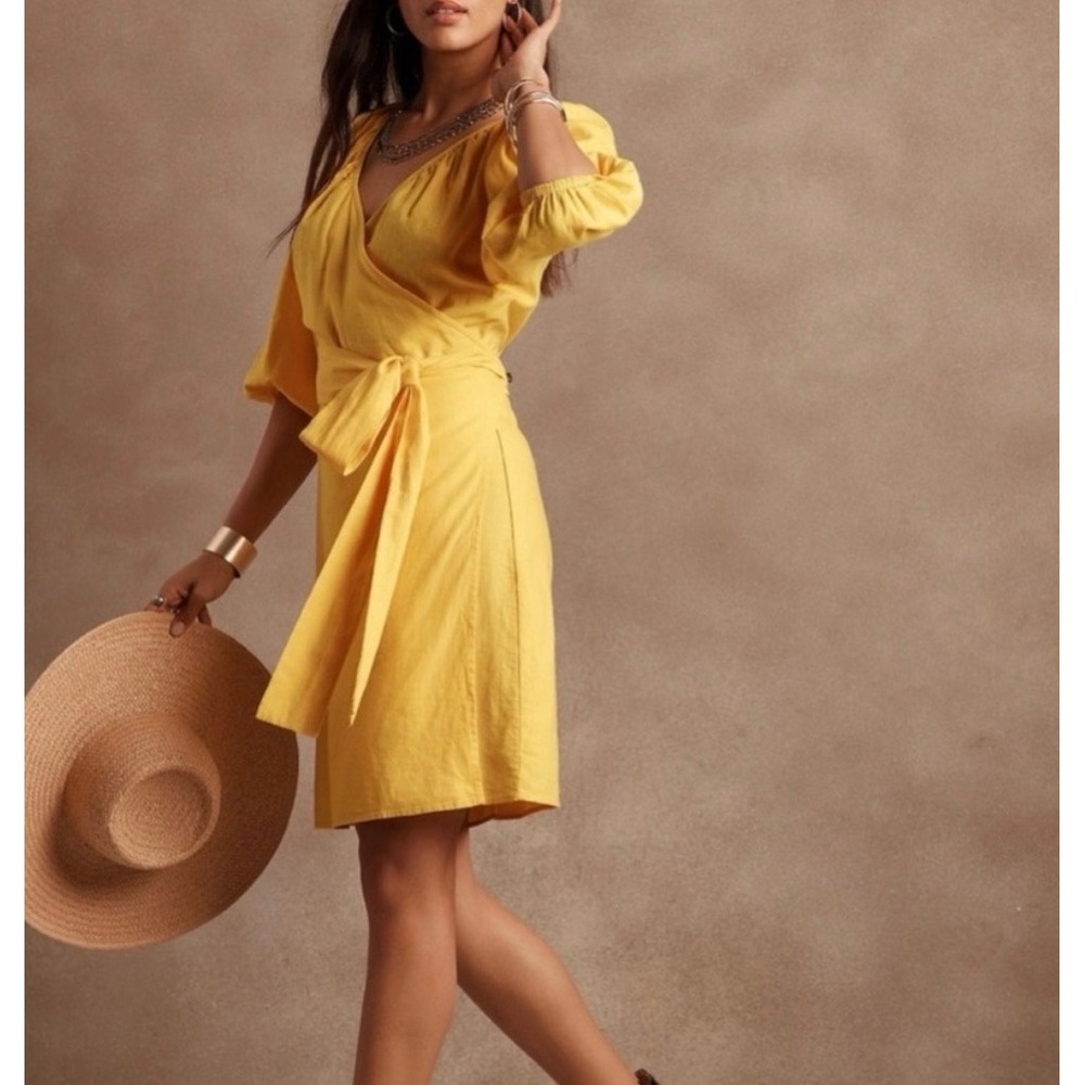 Banana Republic‎ Yellow Linen Blend Puff Sleeve Wrap Mini Dress Petite XS NWOT